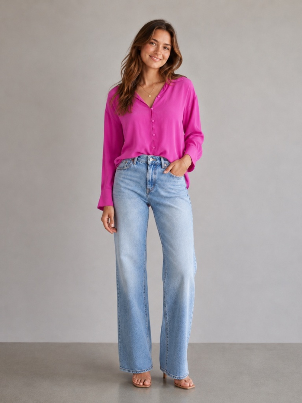 Olivaceous Fuchsia Button-Front Collared Blouse – Size S